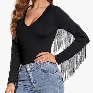 Black Fringe Long Sleeve Top